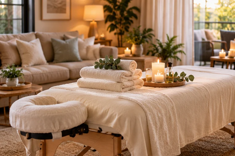 Calm at-home massage room with a prepared treatment table